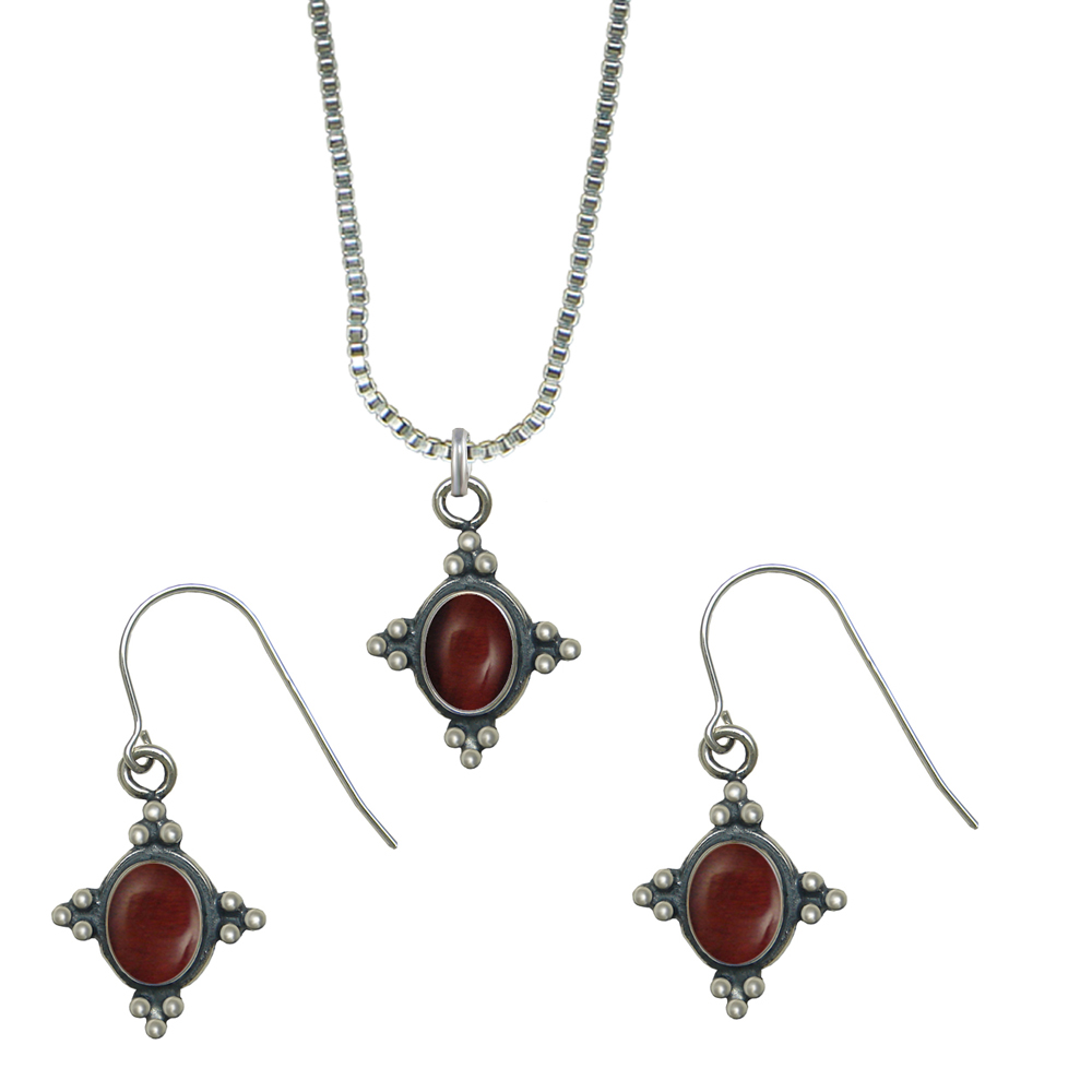 Sterling Silver Petite Necklace Earrings Set Red Tiger Eye